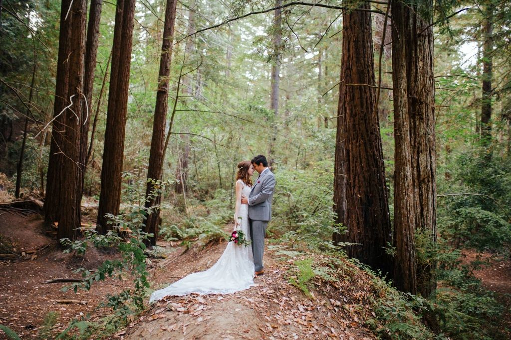 A quiet moment for the couple under a redwood grove.