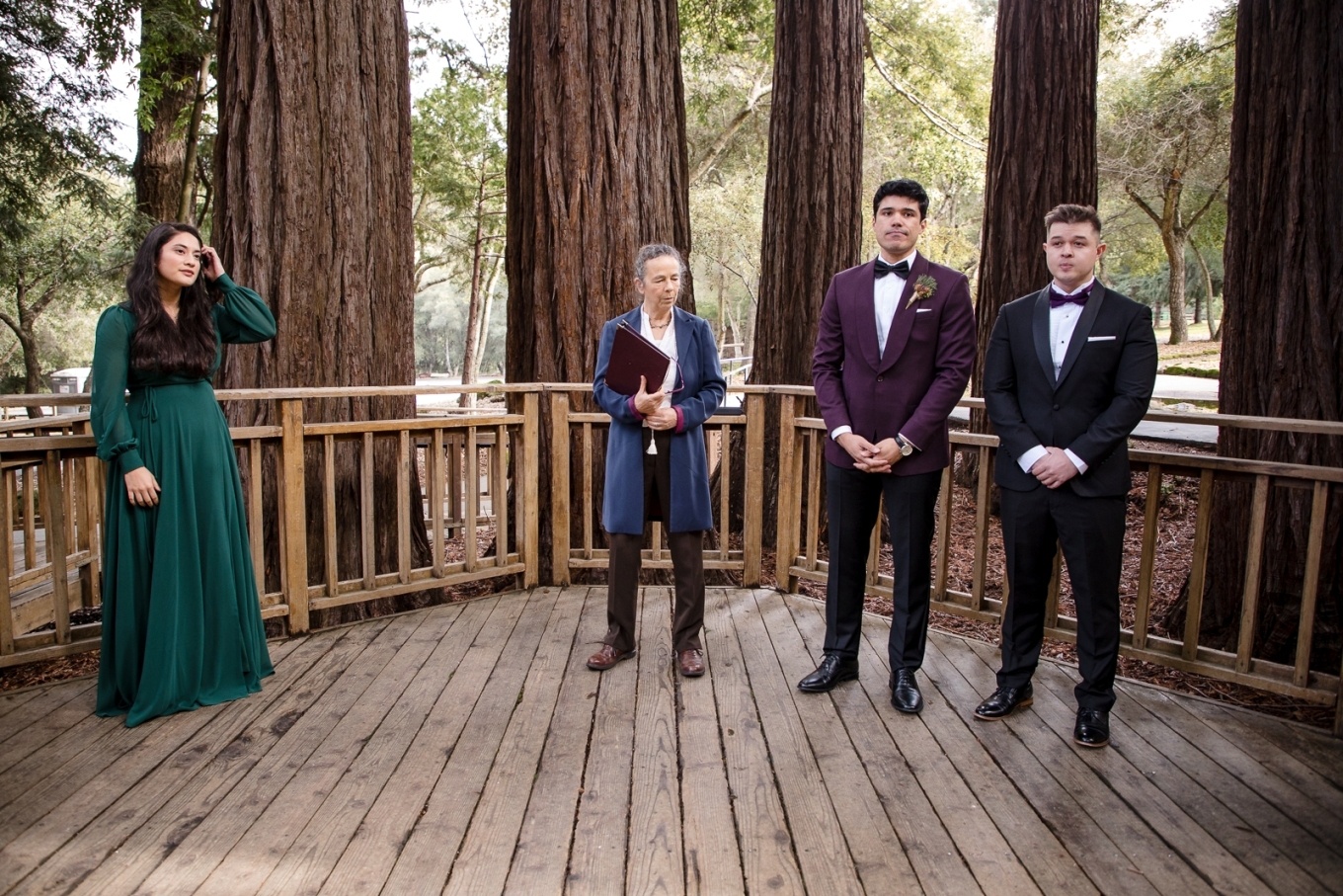 wedding party in the redwoods