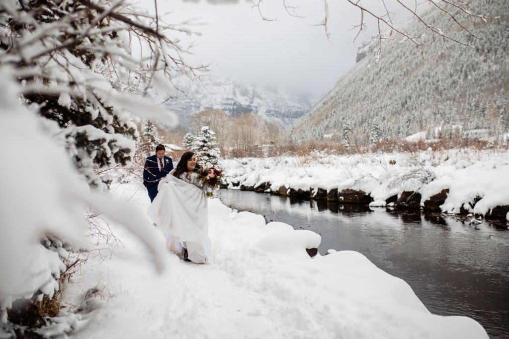 Riverside elopement in Telluride in winter