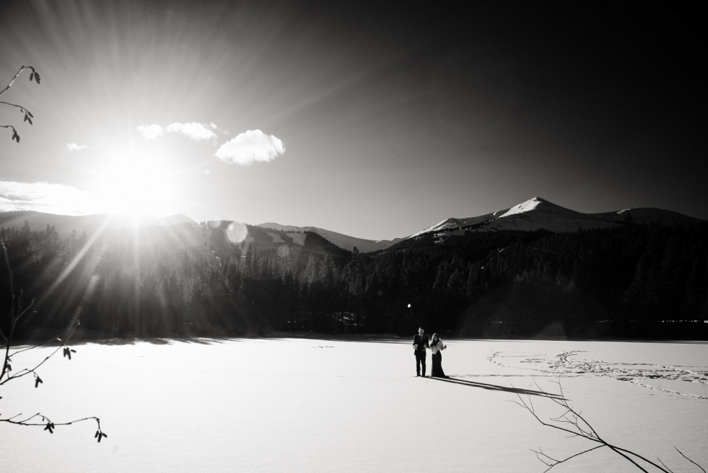 Eloping couple in black and white - winter wedding in Colorado