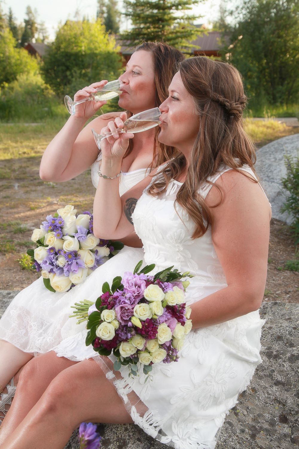 Brides drinking wine