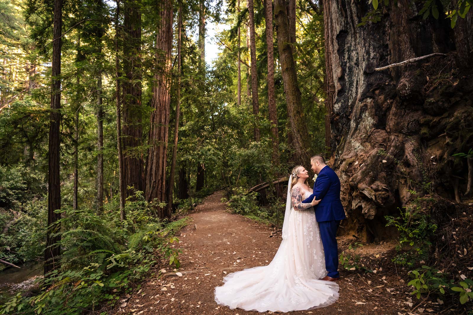 Eloping couple on a path in the Santa Cruz redwoods.